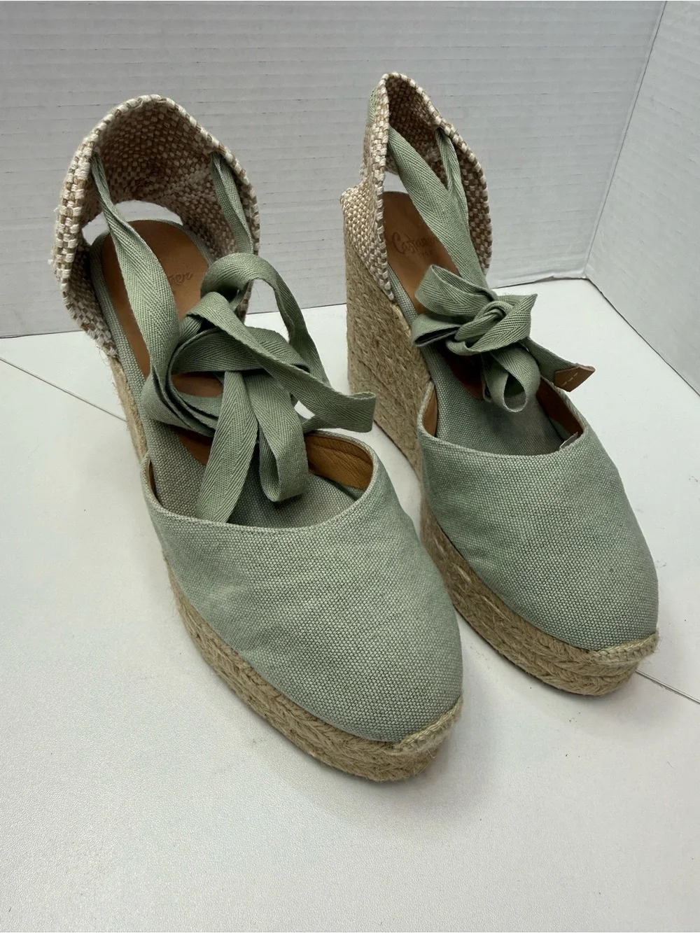 Castañer Carina Canvas Wedge Espadrilles Olive Green Size 37